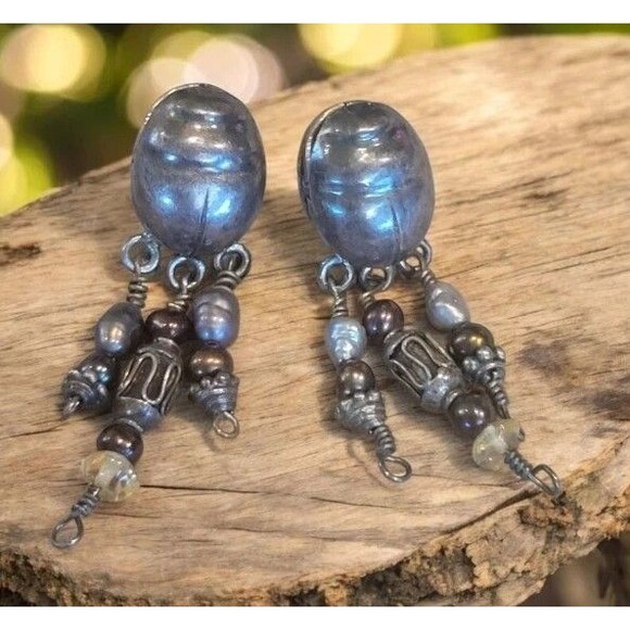 Rare Egyptian Revival Sterling Silver Scarab 925 w/ Freshwater pearl dangles